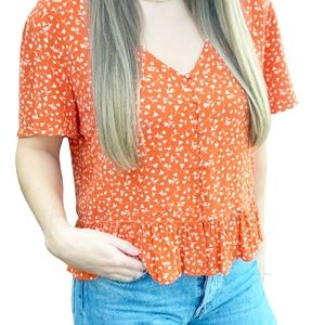 Harper Dark Orange Ditsy Floral Boho Flutter Sleeves Ruffled Hem Button Top XS